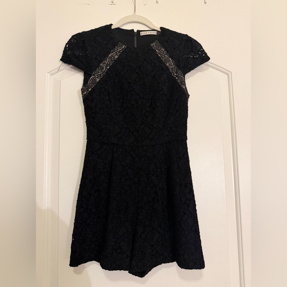 Alice + Olivia Black Lace Short-Sleeve Mini Romper